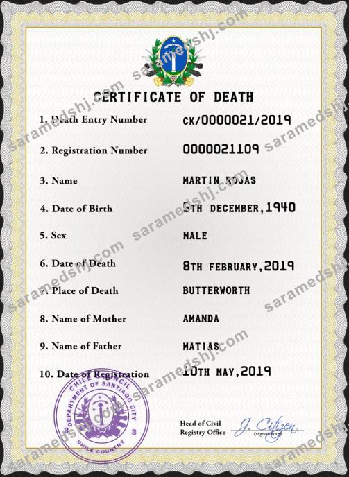 Chile vital record death certificate PSD template